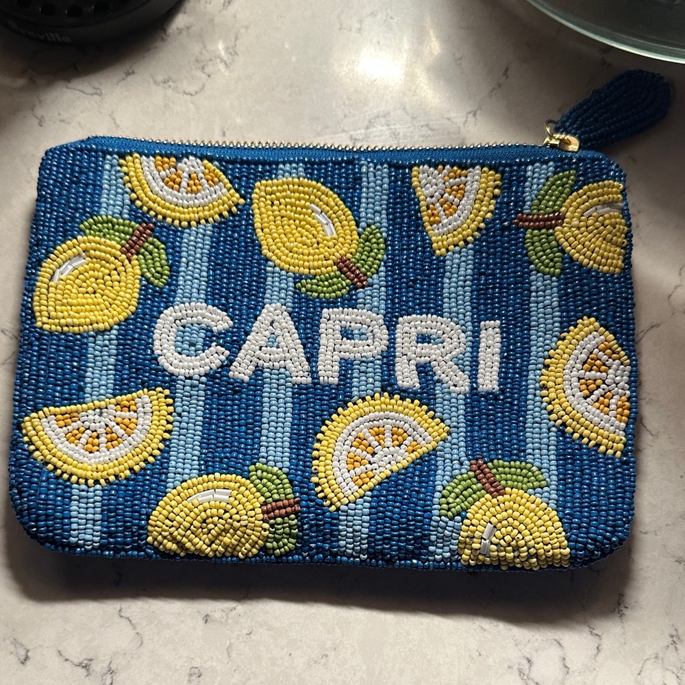 Anthropologie Blue Beaded Capri Pouch with Lemon Design